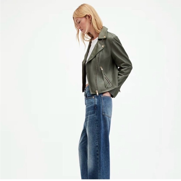 All Saints Dalby Biker 100% lamb leather moto jacket sage green size 6 NWT - Picture 5 of 14